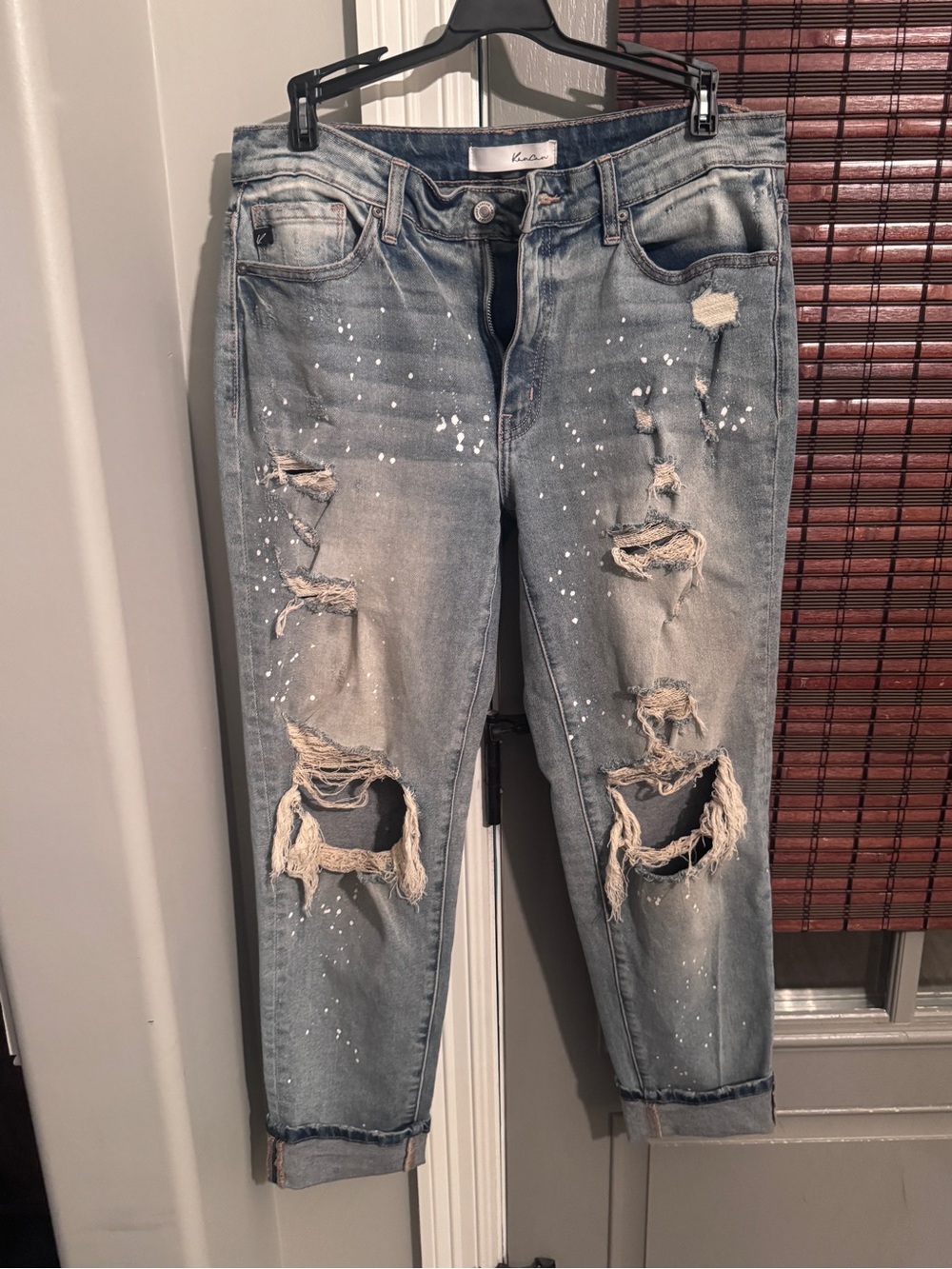 KanCan Light Blue Distressed Boyfriend Jeans with Paint Splatter